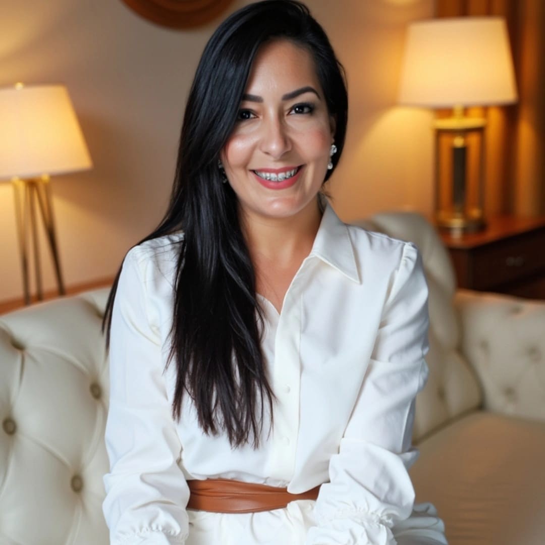 Nádia Holanda, corretora de imóveis em Macapá, sorrindo durante atendimento